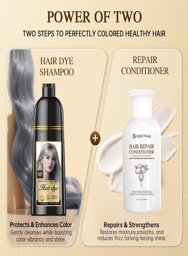 Joyful Young 3-in-1 Natural Hair Dye Shampoo & Hair Repair Conditioner Bundle - Gray Coverage & Deep Moisture - Vegan, Sulfate-Free, Color-Safe - Argan Oil, Collagen - 2x400ml (SILVER GRAY) - Image 2